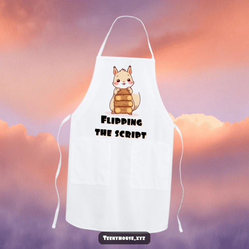 Funny Squirrel Chef Apron: A happy squirrel stacking miniature firewood bundles, ready for kitchen tasks with a smile.