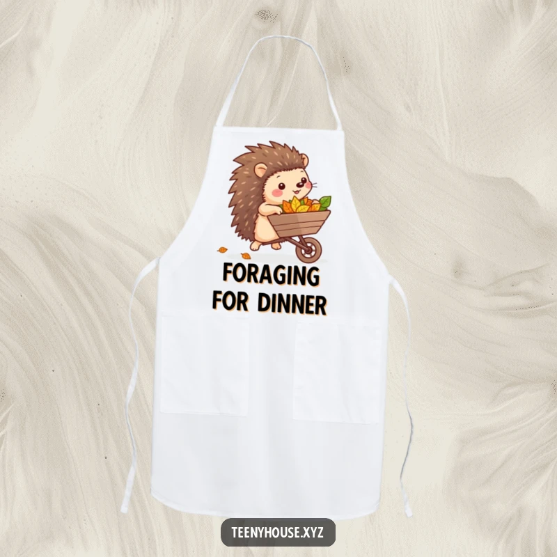 Funny Hedgehog Chef Apron: A cheerful hedgehog gardener rolling a wheelbarrow of leaves, ready for kitchen fun and garden flair.