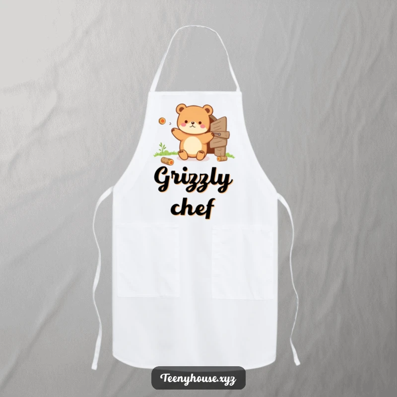 Funny Apron: Tiny bear juggling tiny logs near a small wooden door, adding woodland humor to your kitchen.