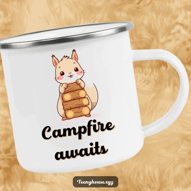 Funny Squirrel Outdoor Mug: A happy squirrel stacking miniature firewood bundles, designed for campfire warmth and woodland humor.