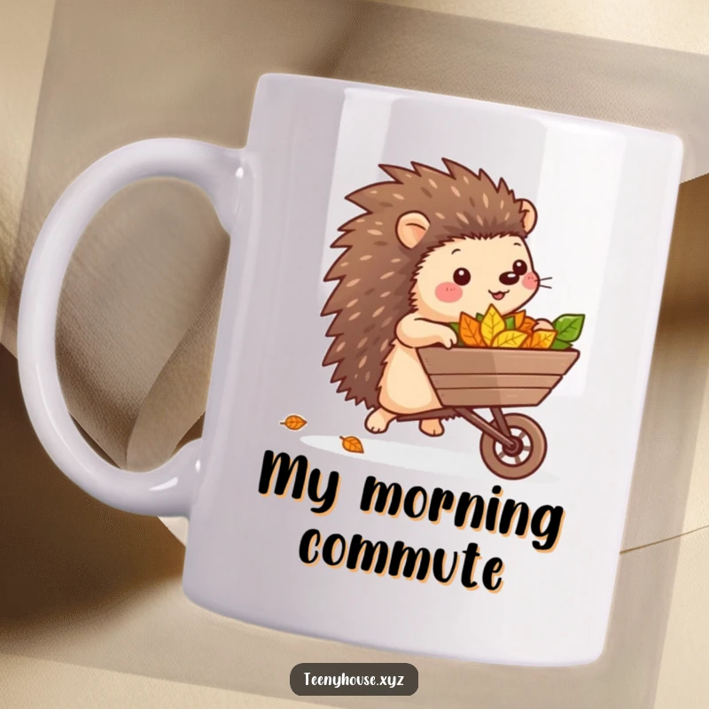 Funny Hedgehog Gardener Mug: A cheerful hedgehog happily rolling a miniature wheelbarrow overflowing with autumn leaves, bringing a smile.