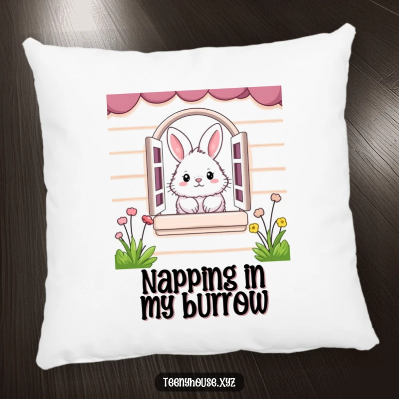 Funny Pillow: Fluffy bunny peeking from a miniature house window, perfect for soft, humorous comfort.
