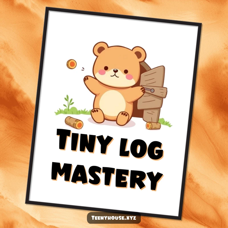 Funny Digital Art Print: Tiny bear juggling tiny logs near a small wooden door, symbolizing woodland humor.