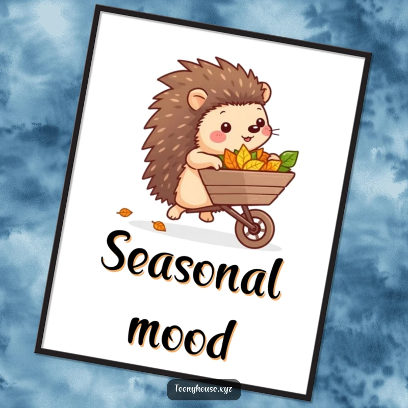 Funny Hedgehog Garden Wall Art: A cheerful hedgehog pushing a miniature wheelbarrow filled with colorful leaves, perfect for digital display.