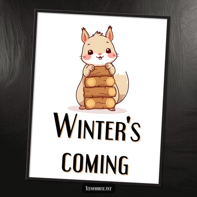 Funny Squirrel Firewood Wall Art: A happy squirrel stacking miniature firewood bundles, perfect for adding cozy charm to digital displays.