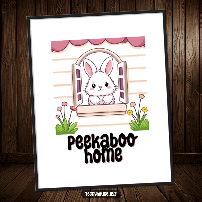 Funny Digital Art Print: Fluffy bunny peeking from a miniature house window, symbolizing charming humor.