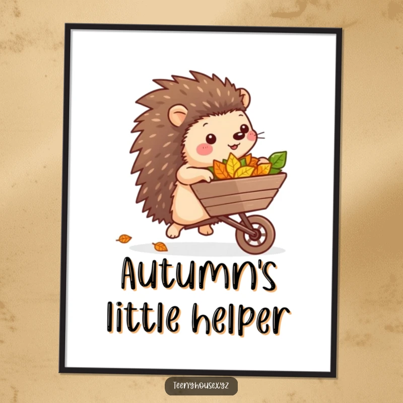 Funny Hedgehog Garden Poster: A cheerful hedgehog pushing a miniature wheelbarrow filled with colorful leaves, bringing a whimsical garden scene.