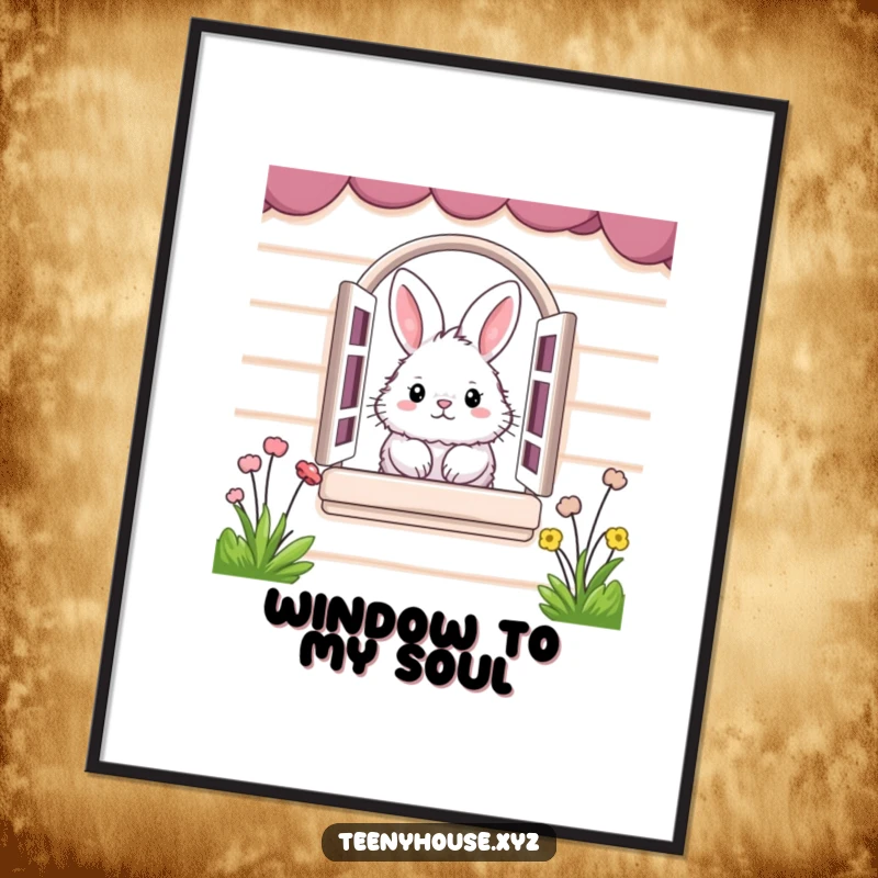 Funny Poster: Fluffy bunny peeking from a miniature house window, a charming and humorous wall art.