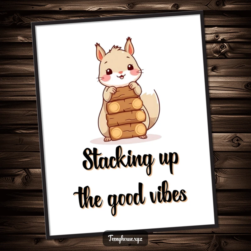 Funny Free Printable Wall Art: Happy squirrel diligently stacking miniature firewood bundles, charming animal decor.