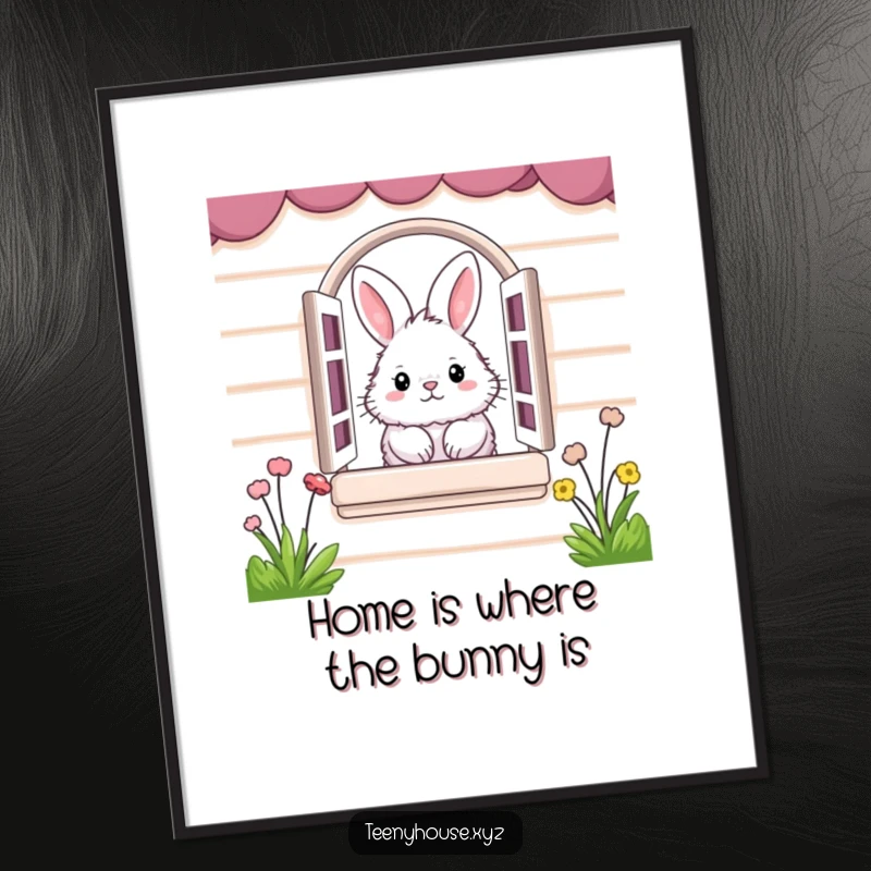 Funny Free Printable Wall Art of a fluffy bunny peeking from a miniature house window, creating a cute scene.