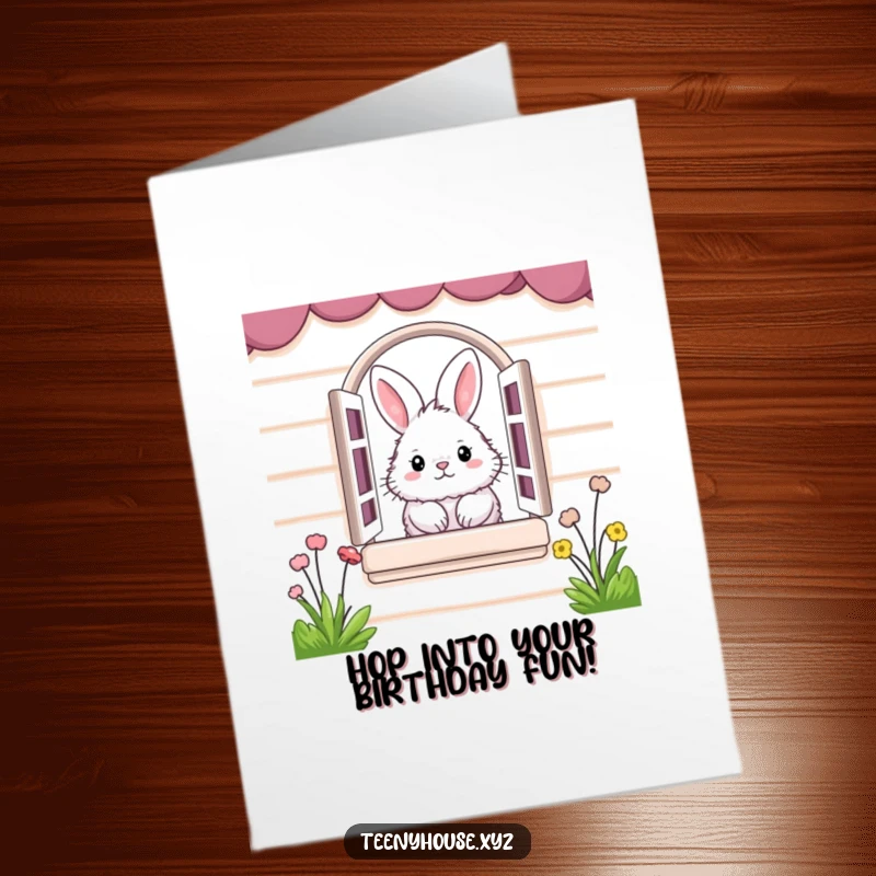 Funny Free Printable Birthday Card with a fluffy bunny peeking from a miniature house window, cute and whimsical.