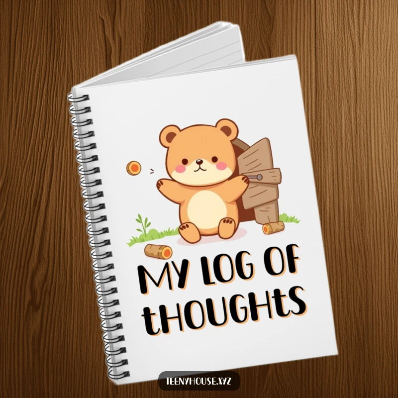 Funny Notebook: Tiny bear juggling tiny logs near a small wooden door, perfect for humorous note-taking.