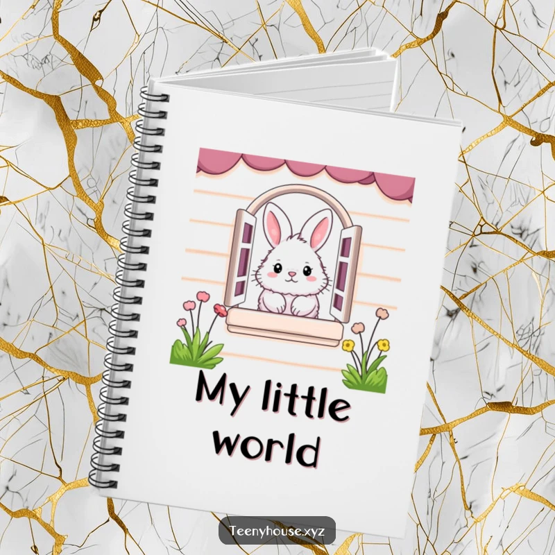 Funny Notebook: Fluffy bunny peeking from a miniature house window, perfect for humorous note-taking.