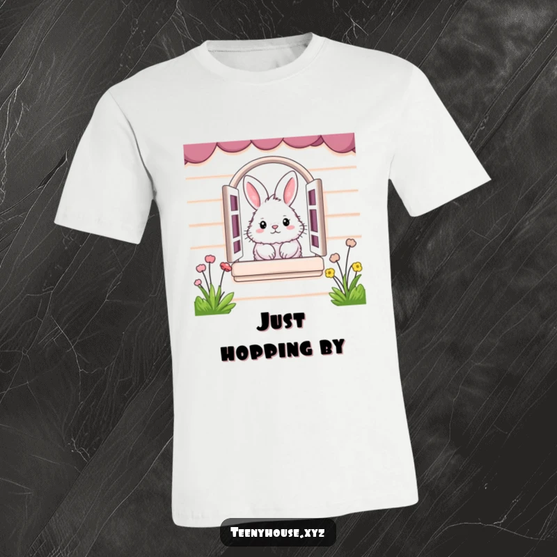 Funny T-Shirt: Fluffy bunny peeking from a miniature house window, a cute and humorous design.
