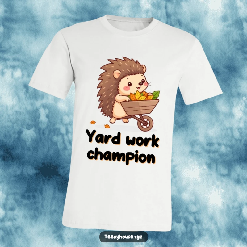 Funny Hedgehog Rolling Leaves T-Shirt: A cheerful hedgehog enthusiastically pushing a tiny wheelbarrow packed with colorful leaves, spreading joy.
