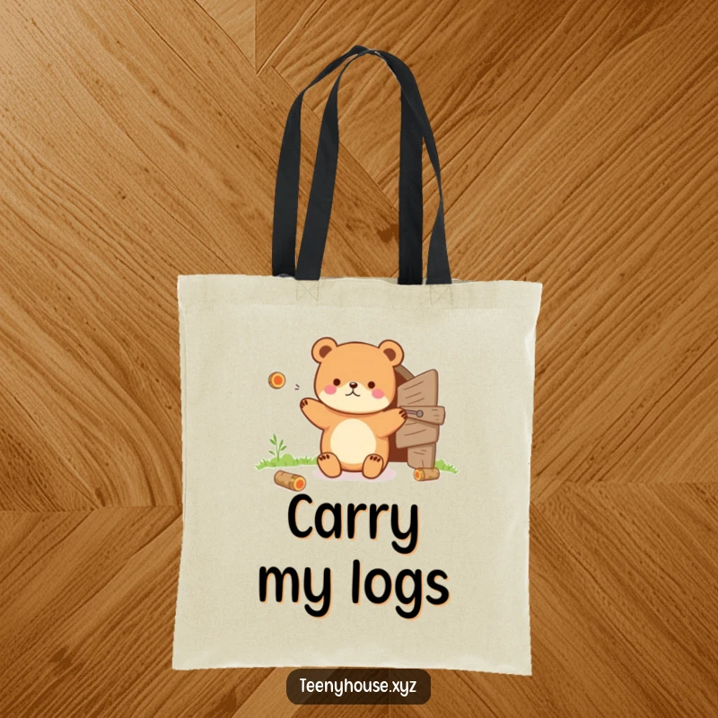Funny Tote Bag: Tiny bear juggling tiny logs near a small wooden door, a whimsical and humorous accessory.