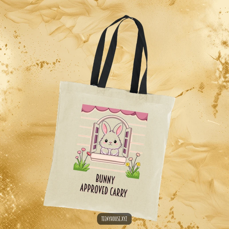 Funny Tote Bag: Fluffy bunny peeking from a miniature house window, a cute and humorous accessory.
