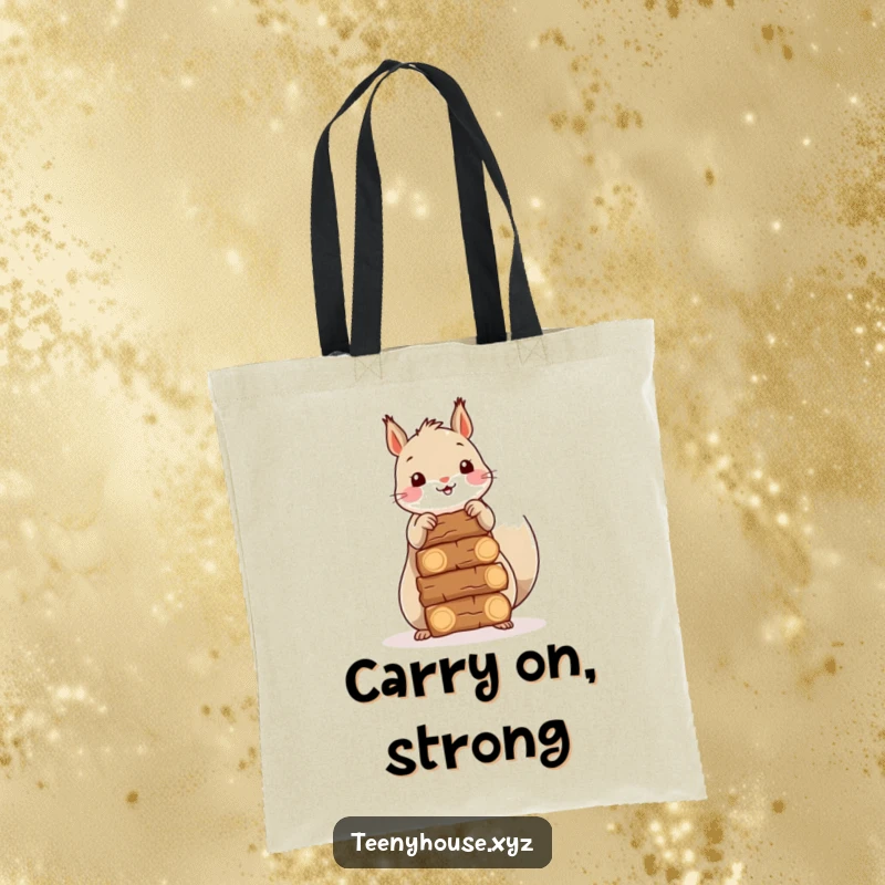 Funny Squirrel Firewood Tote Bag: A happy squirrel stacking miniature firewood bundles, perfect for carrying supplies with a smile.